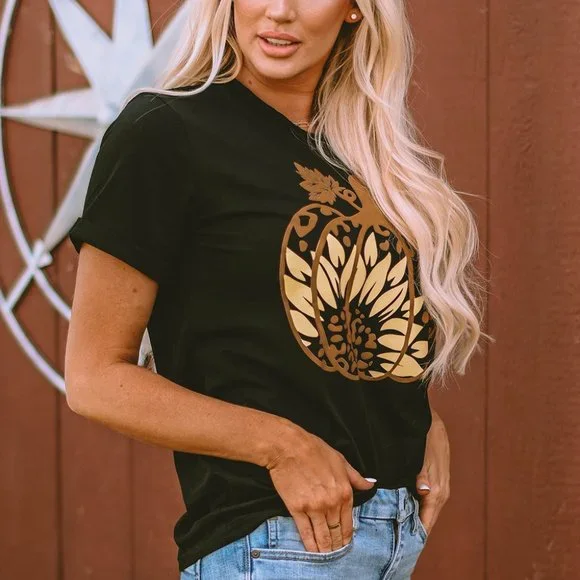 Black Halloween Sunflower Pumpkin Graphic Tee - Picture 5 of 15